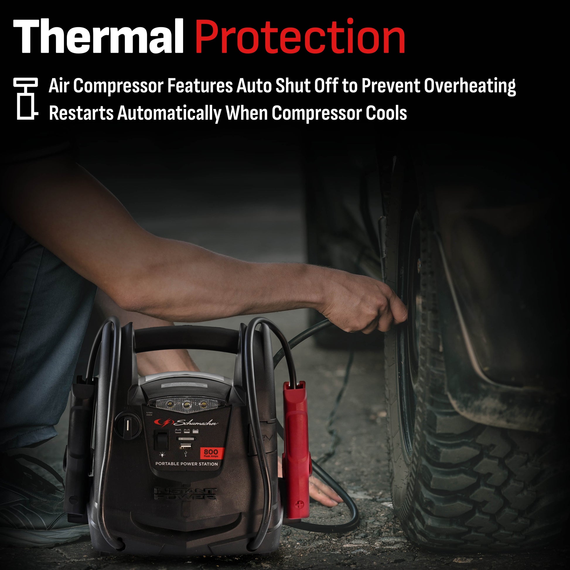 Schumacher Electric SJ1583 4-in-1 Portable Power Station and 800 Amp Jump Starter, 150-PSI Air Compressor, 12V Sport, Auto, and Marine Batteries