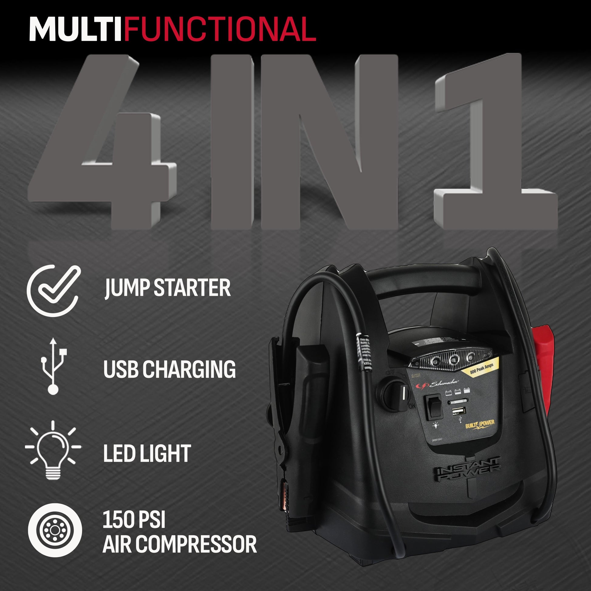 Schumacher Electric SJ1583 4-in-1 Portable Power Station and 800 Amp Jump Starter, 150-PSI Air Compressor, 12V Sport, Auto, and Marine Batteries
