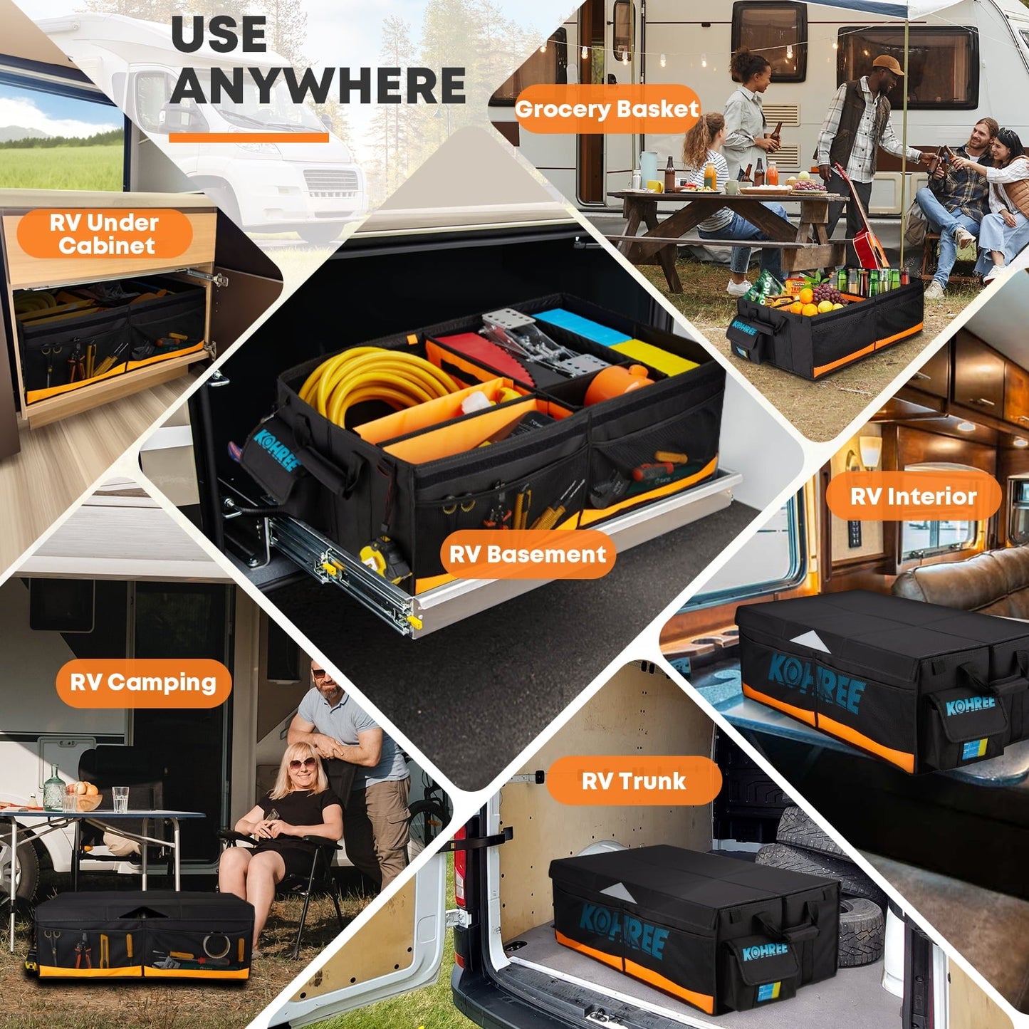 Kohree Car Trunk Organizer, 81L Large-Capacity Foldable Car Storage Box with Multiple Compartments, Waterproof 900D Oxford for RV, SUV, Truck, Van, Car Accessories, Tools-Orange