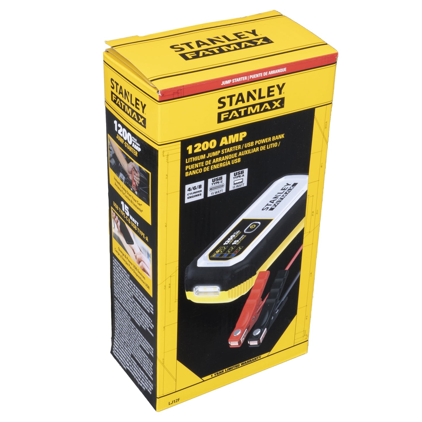 Stanley FatMax 1200A, Lithium Jump Starter with 15 Watt USB-A and USB-C Power, Includes clamps