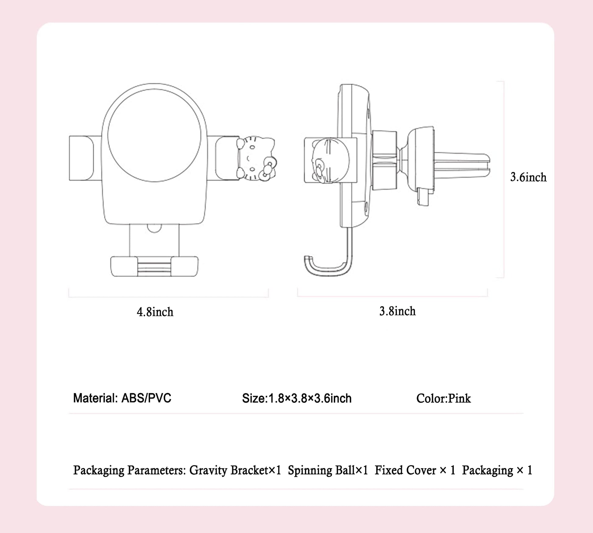 WANNGWEE Hello Kitty Phone Mount for Car, Pink Cat Air Vent Clip Car Phone Holder Mount Fit for All Cell Phone, Pretty Car Accessories for Women and Girls WW728#1632