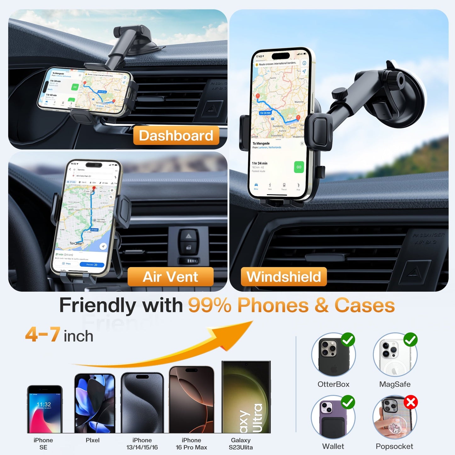 MaxAngel 3-in-1 Car Phone Holder with Military-Grade Suction Cup, Metal Hook Ventilation Clip, 360° Rotating Phone Holder for iPhone, Samsung & Android Smartphones,Black