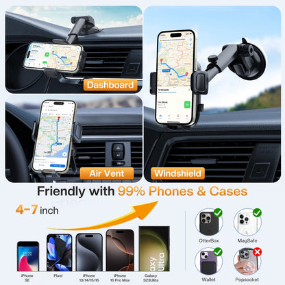 MaxAngel 3-in-1 Car Phone Holder with Military-Grade Suction Cup, Metal Hook Ventilation Clip, 360° Rotating Phone Holder for iPhone, Samsung & Android Smartphones,Black