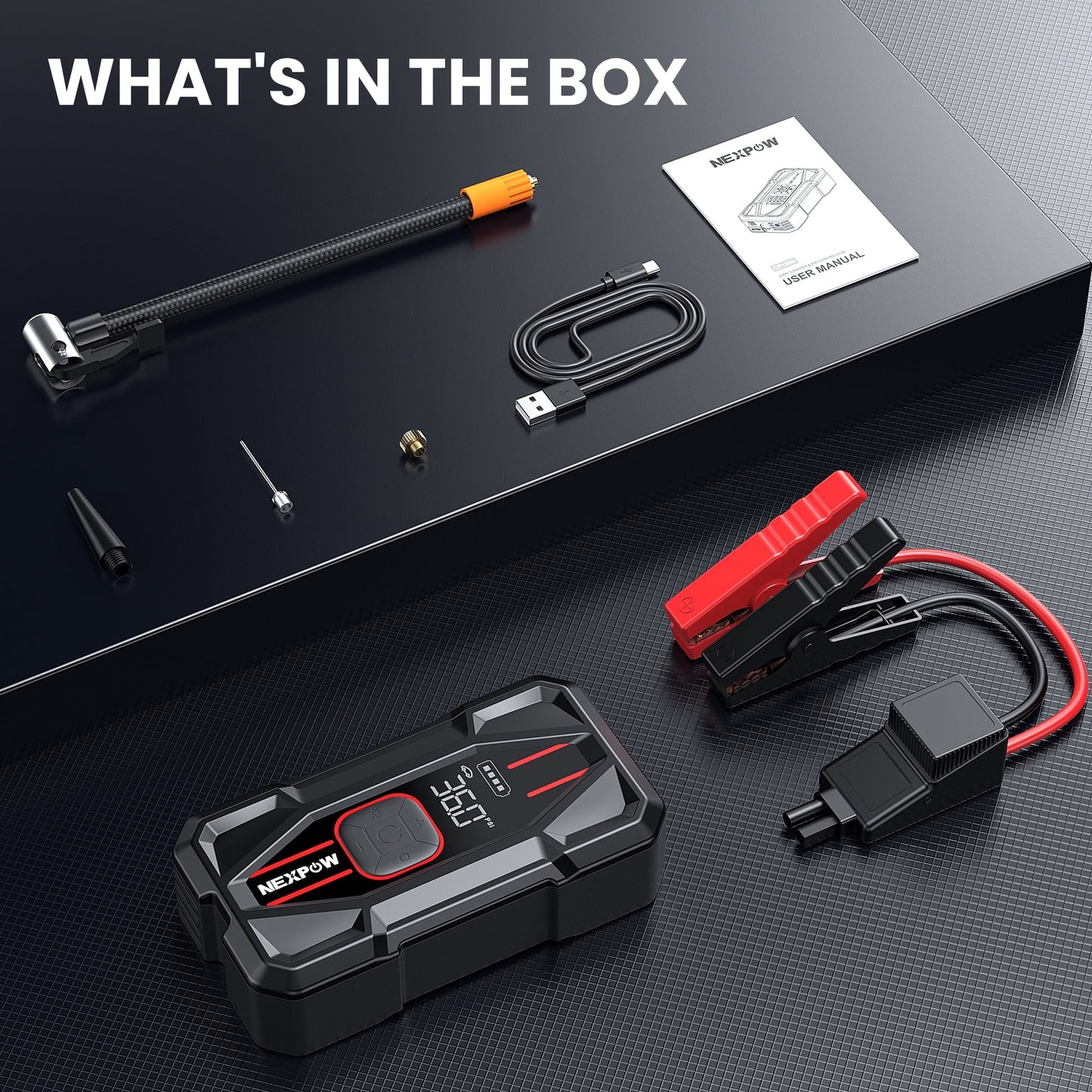 NEXPOW 3000A Car Jump Starter & Air Compressor - 12V 59.2Wh Portable Battery Booster with PD 30W Fast Charge, 150PSI Air Pump, Smart Clamps for Cars/SUVs/Trucks (Emergency Multi-Function Power Pack)