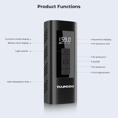 YOUNDO Tire Inflator Portable, Air Compressor Rechargeable 6000mAh Tire Pump for Car Moto Bike Balls