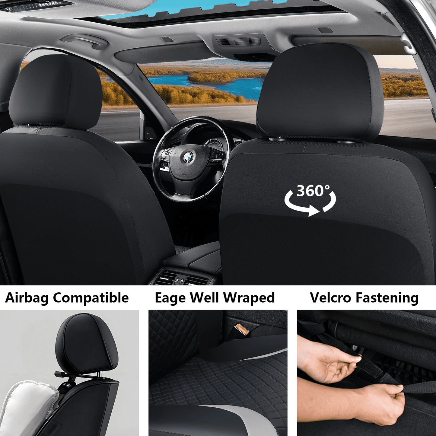 Coverado PVC&Fabric Car Seat Covers, Front and Back Car Seat Protectors, 5 Seats Universal Fit for Most Cars SUV Trucks, Black