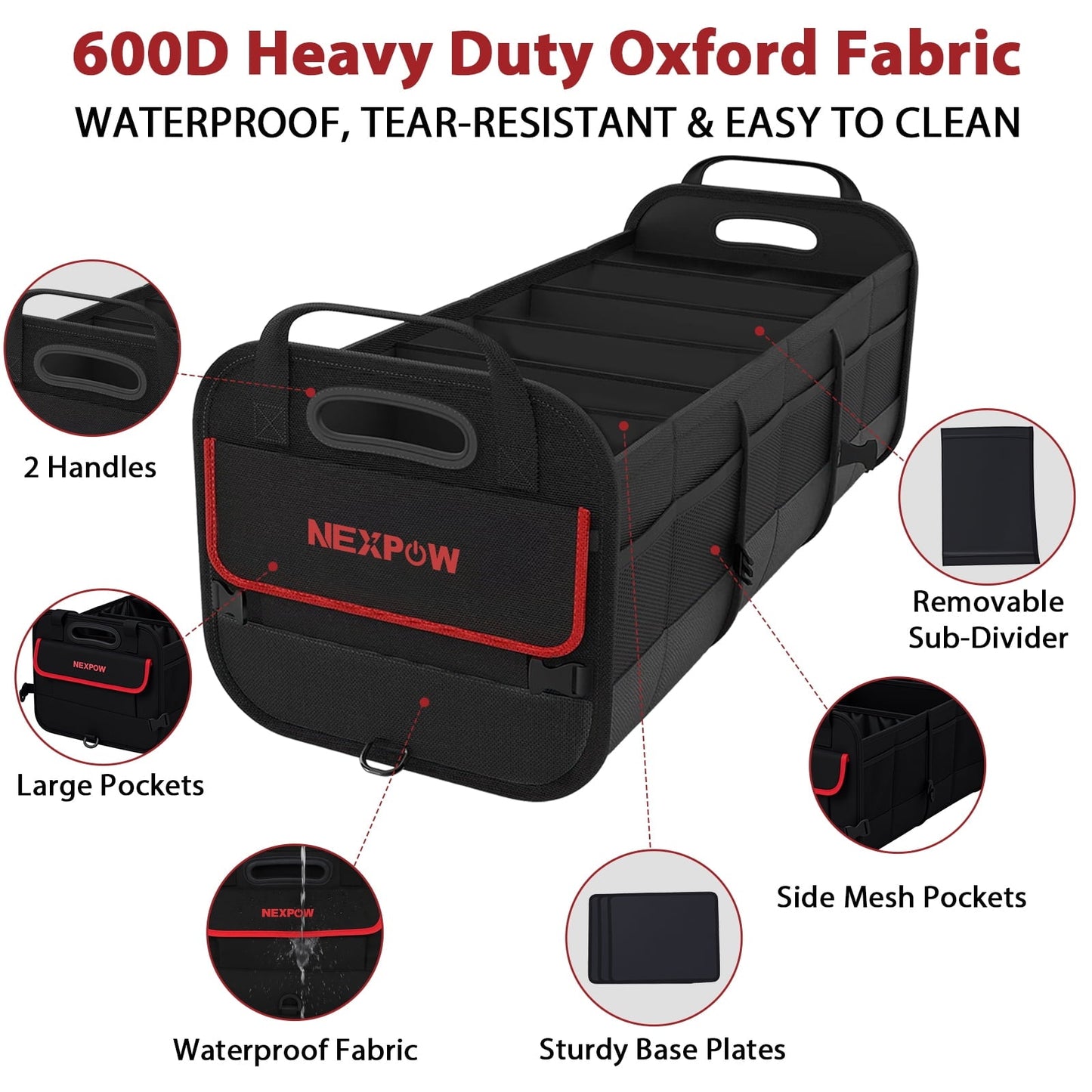 NEXPOW Car Trunk Organizer, 95L Collapsible SUV Organizer, Multi-Compartment, Car Storage Box with 2 Adjustable Straps for Women Men