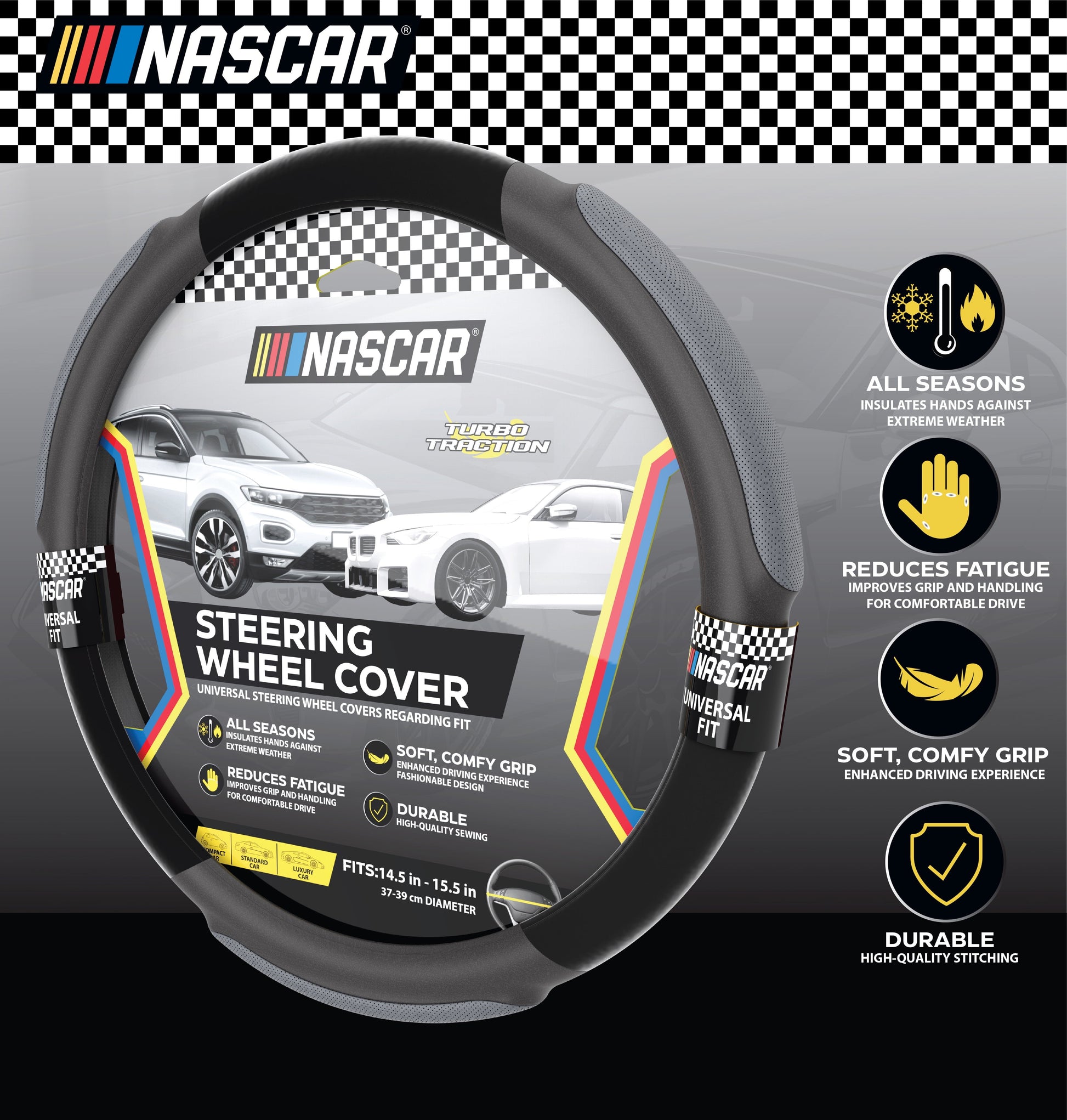 NASCAR Steering Wheel Cover | Grip & Comfort | Synthetic Leather & Suede | Universal Fit 14.5"-15.5" For Car, SUV, Truck | Turbo Traction Style