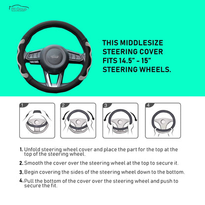 FH Group Universal PU Leather Car Steering Wheel Covers w/ Anti-Slip Grip Fits 14.5"-15.5"