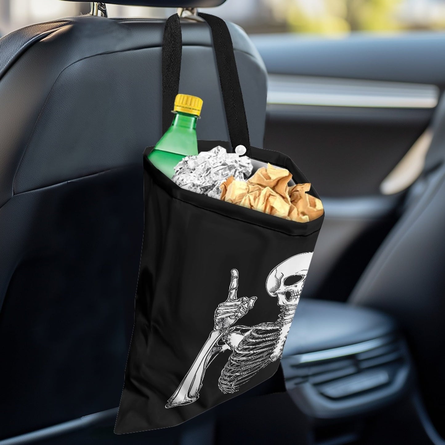Yuyamidu Skull Car Trash Bag Hanging Car Rubbish Bag Small Garbage Bag for SUV Truck Auto Interior Accessories Portable Car Trash Can Bin for Front or Back Seat, Black