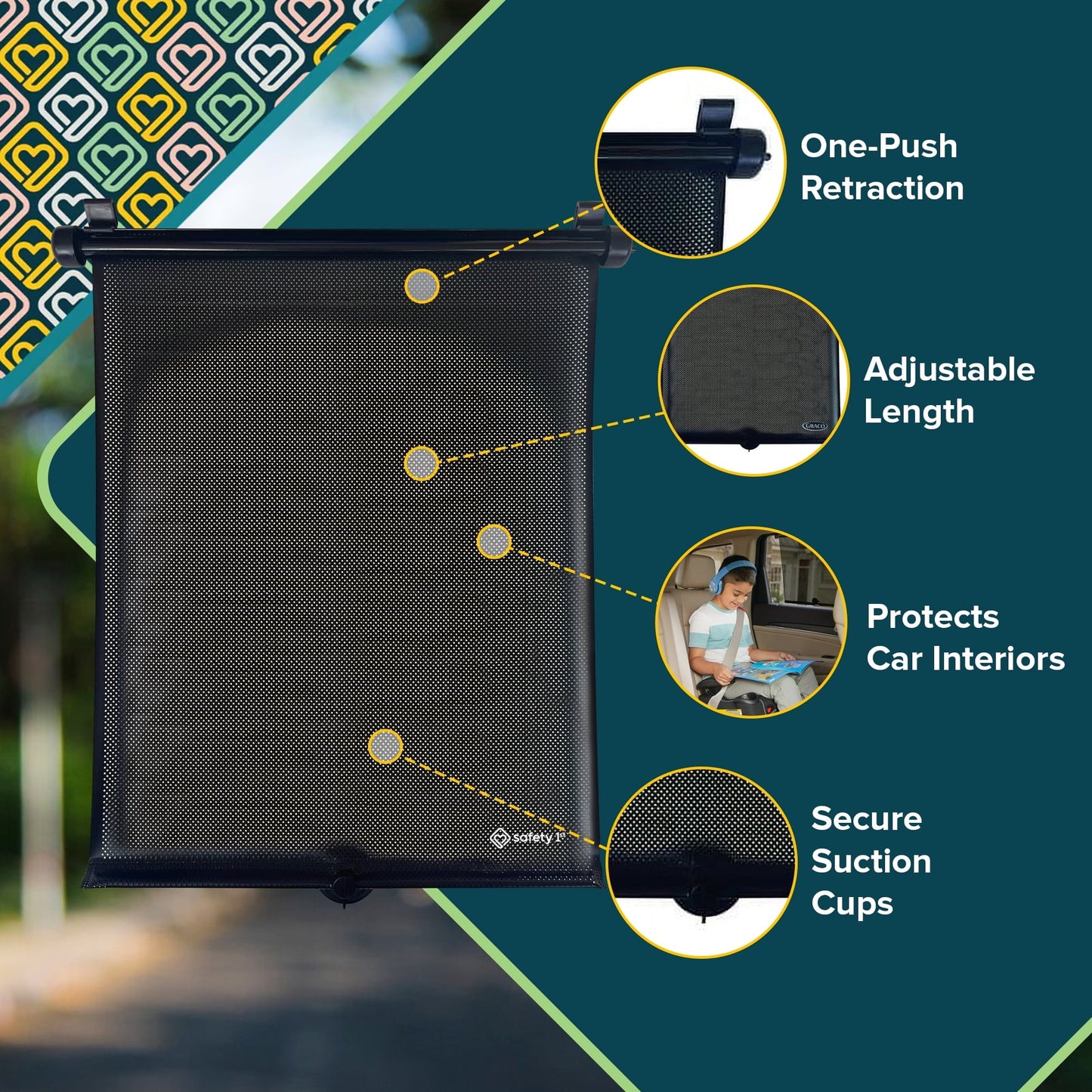 Safety 1st Retractable Roller Shade Sun Protection for Car Windows, 2-Pack