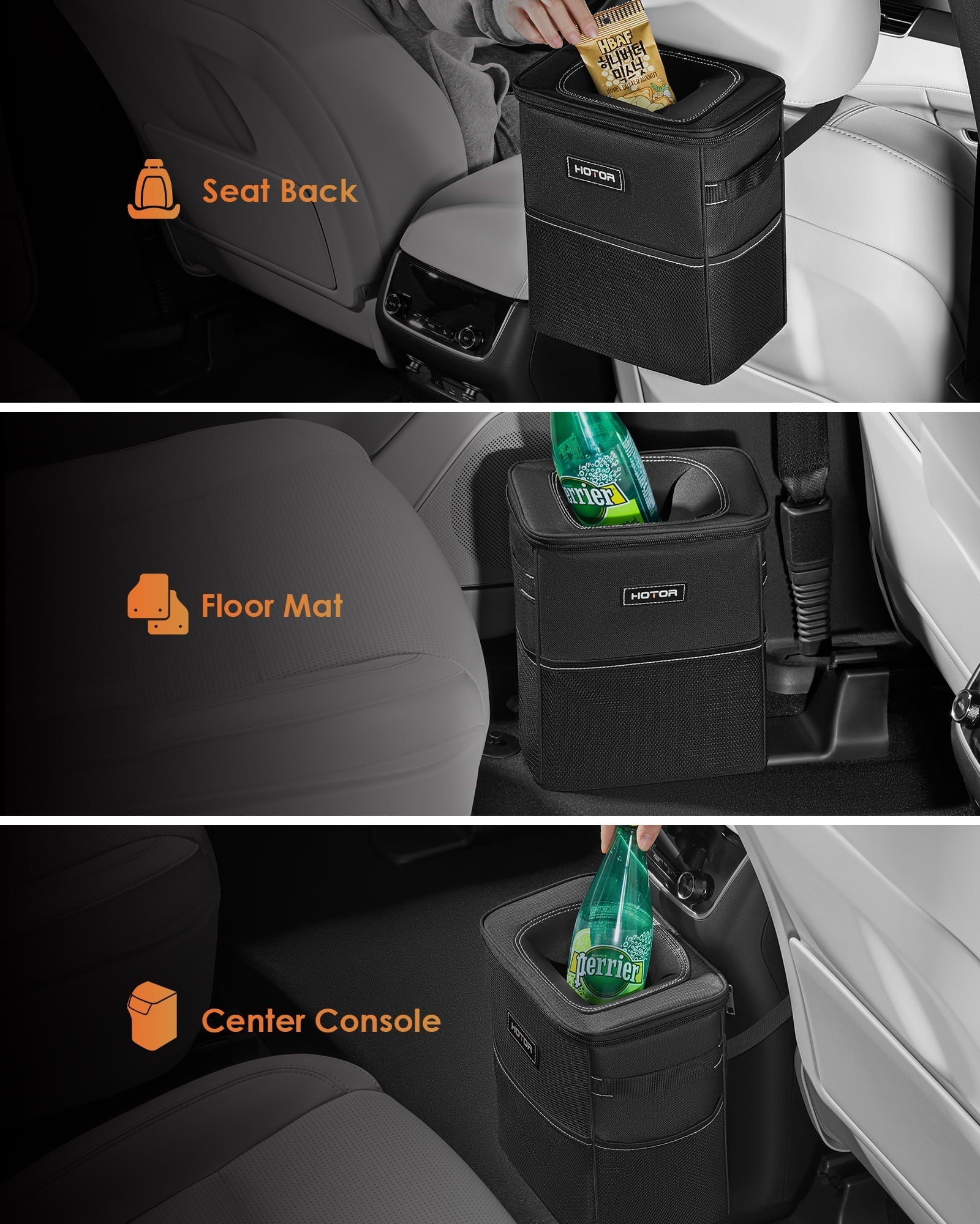 HOTOR Car Trash Can with Lid, Leak-Proof Car Garbage Can with Mesh Pockets, Car Accessories, 2 Gallons, Black