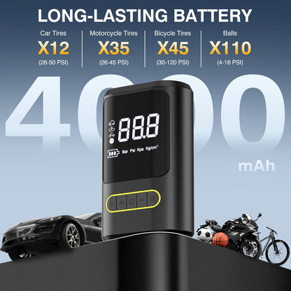 Cshidworld Tire Inflator Portable Air Compressor, 150 PSI & 4000mAh Cordless Bike Pump for Auto Bicycle Balls with Digital Pressure Gauge/LED Light, 3X Fast Inflation Smart Air Pump Black