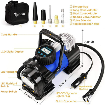 AstroAI Tire Inflator Portable Air Pump for Car Tires, Digital Air Compressor 150PSI with LED Light for Cars, 12V DC, Blue