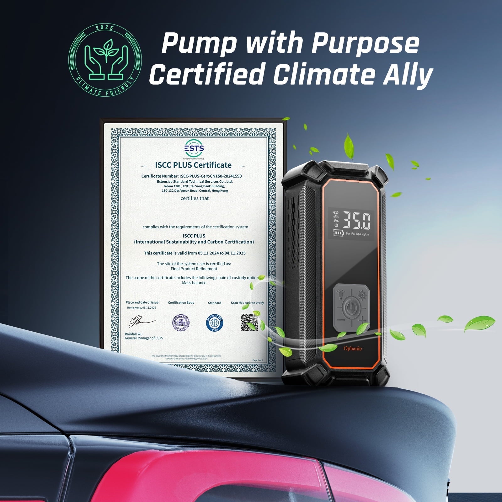 Ophanie Cordless Portable Tire Inflator - 160 Psi Digital Pressure Gauge, Air Compressor for Car Tires with Automatic Shutoff, Emergency LED Light, Compact Automotive Pump