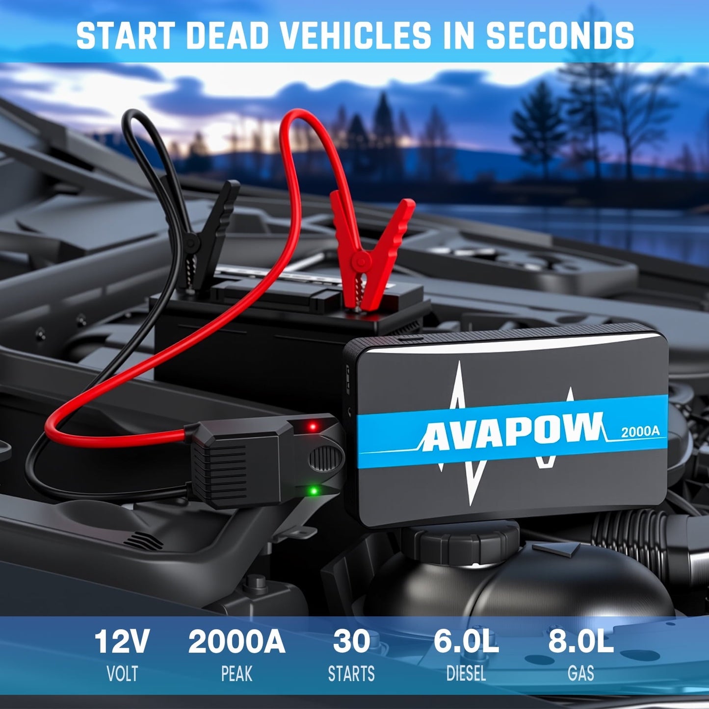 AVAPOW Car Jump Starter, 1000A Peak 12V Battery Jump Starter (up to 7.0L Gas) Booster Pack, Power Bank with Built-in LED Light