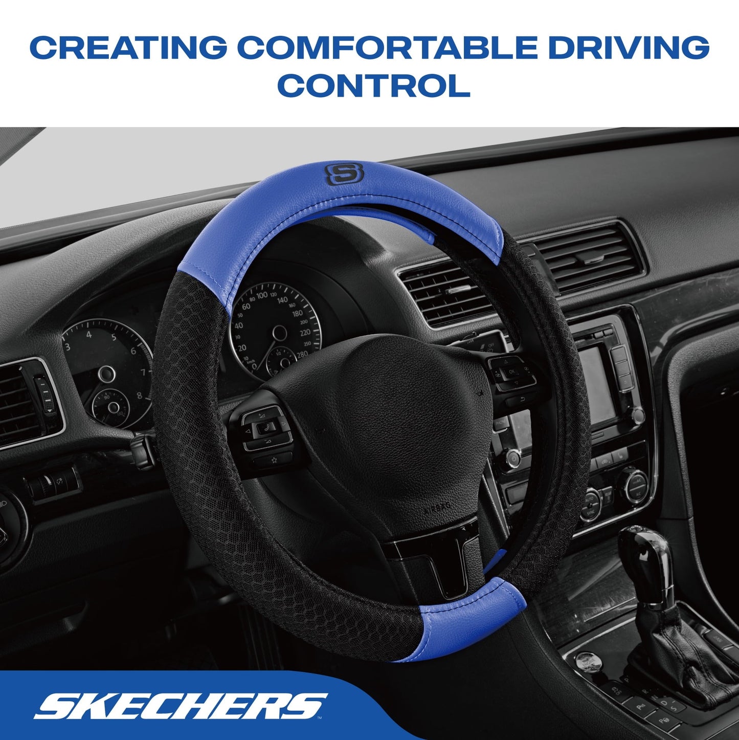 Skechers Air Cooled Memory Foam Steering Wheel Cover, Breathable Comfort Grip, Soft Leather, All-Season Fit for Cars, SUVs, and Trucks Blue