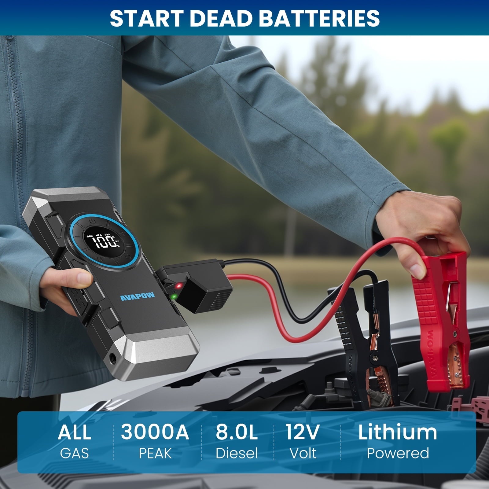 AVAPOW 3000A Jump Starter with Air Compressor, 12V Portable Battery Booster Pack (for All Gas or up to 8.0L Diesel) with 150PSI Digital Tire Inflator