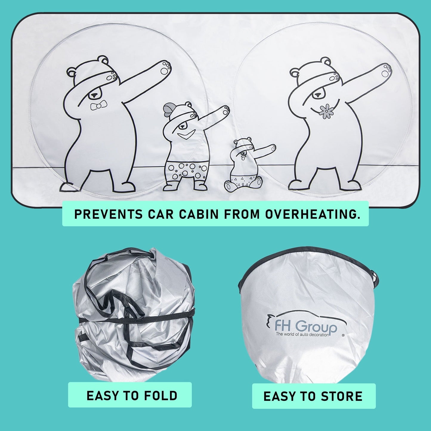 FH Group Dancing Bears Car Windshield Sun Shade, UV Coating Designed to Block the Sun's Rays, Keep Car Cool and Protected - Gray Small