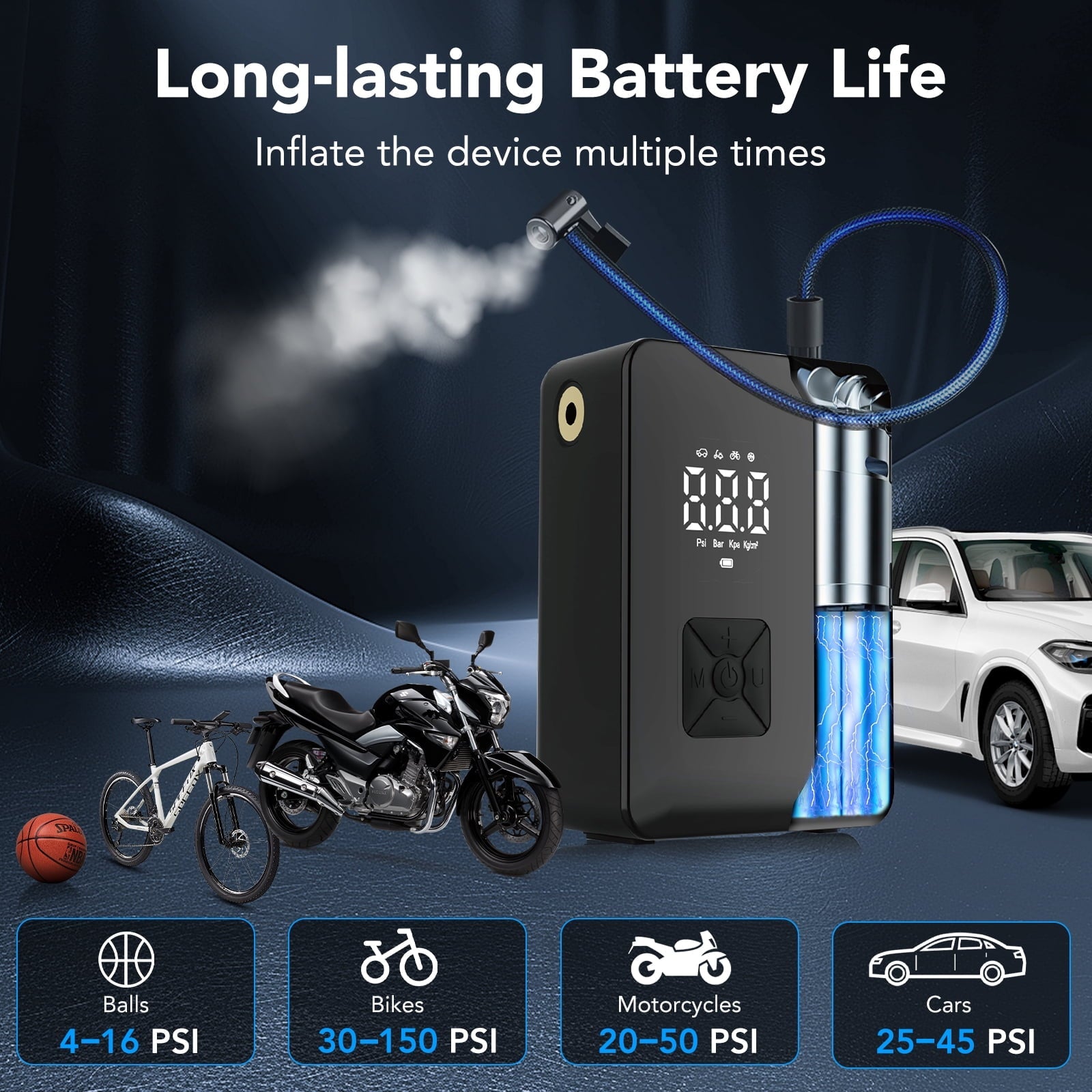 KT1 Tire Inflator Portable Air Compressor with Digital Pressure Gauge, LED Light, 150PSI Fast Inflation for Car, Bikes, Sports Balls, Inflatable Toys, Perfect for Families, Outdoor