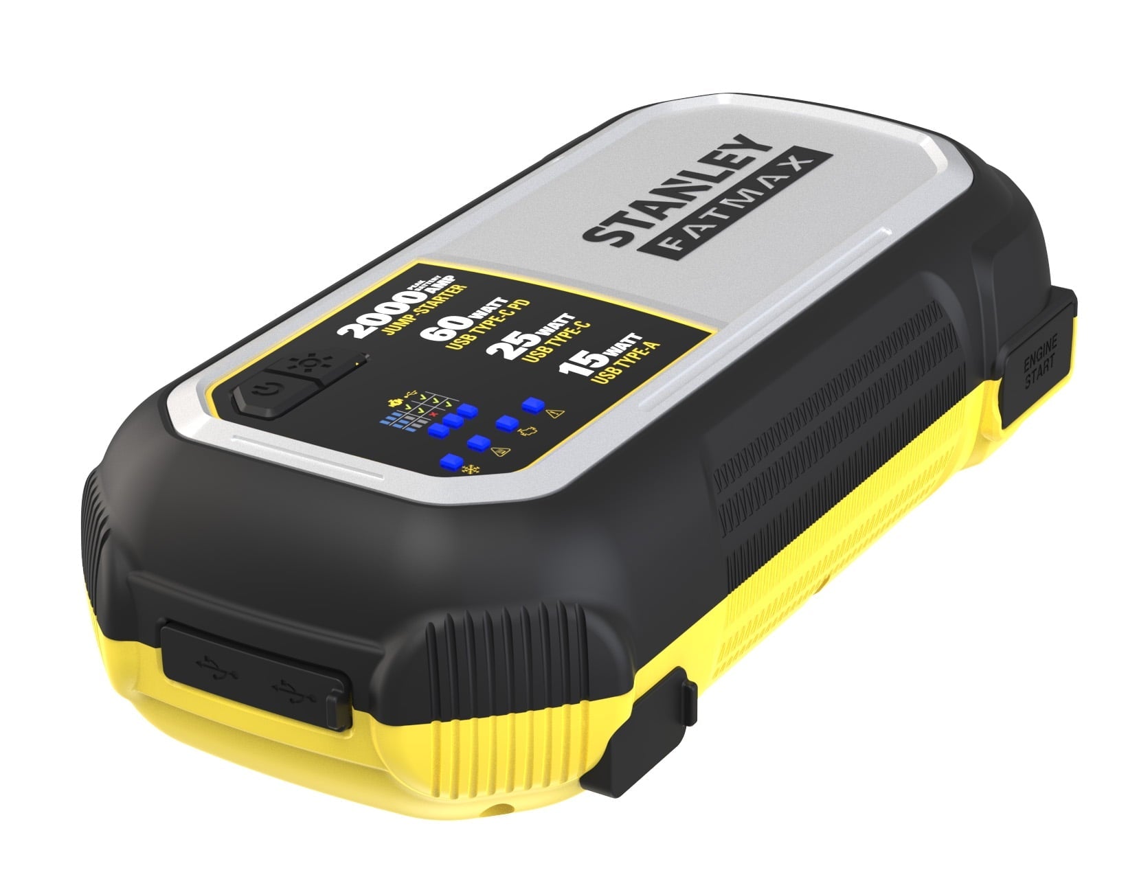Stanley FatMax 2500A, Lithium Jump Starter With 60W USB Type C-PD, 25W USB Type C-PD and 15W USB Type - A, Includes clamps