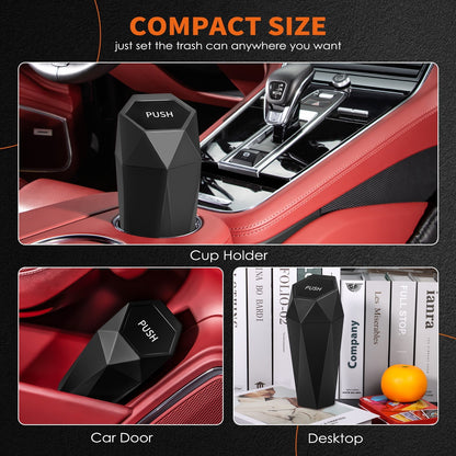 HOTOR Car Trash Can with Lid, 1 pack, Mini Portable Garbage Bin with 15 Bags, Leak-Proof Organizer for Cup Holders and Desktop, Black