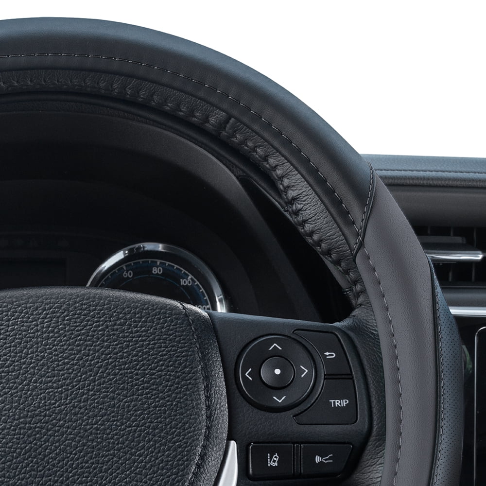 Motor Trend Sport Drive Perforated Leather Steering Wheel Cover Contrast Stitching, Dark Gray, Black