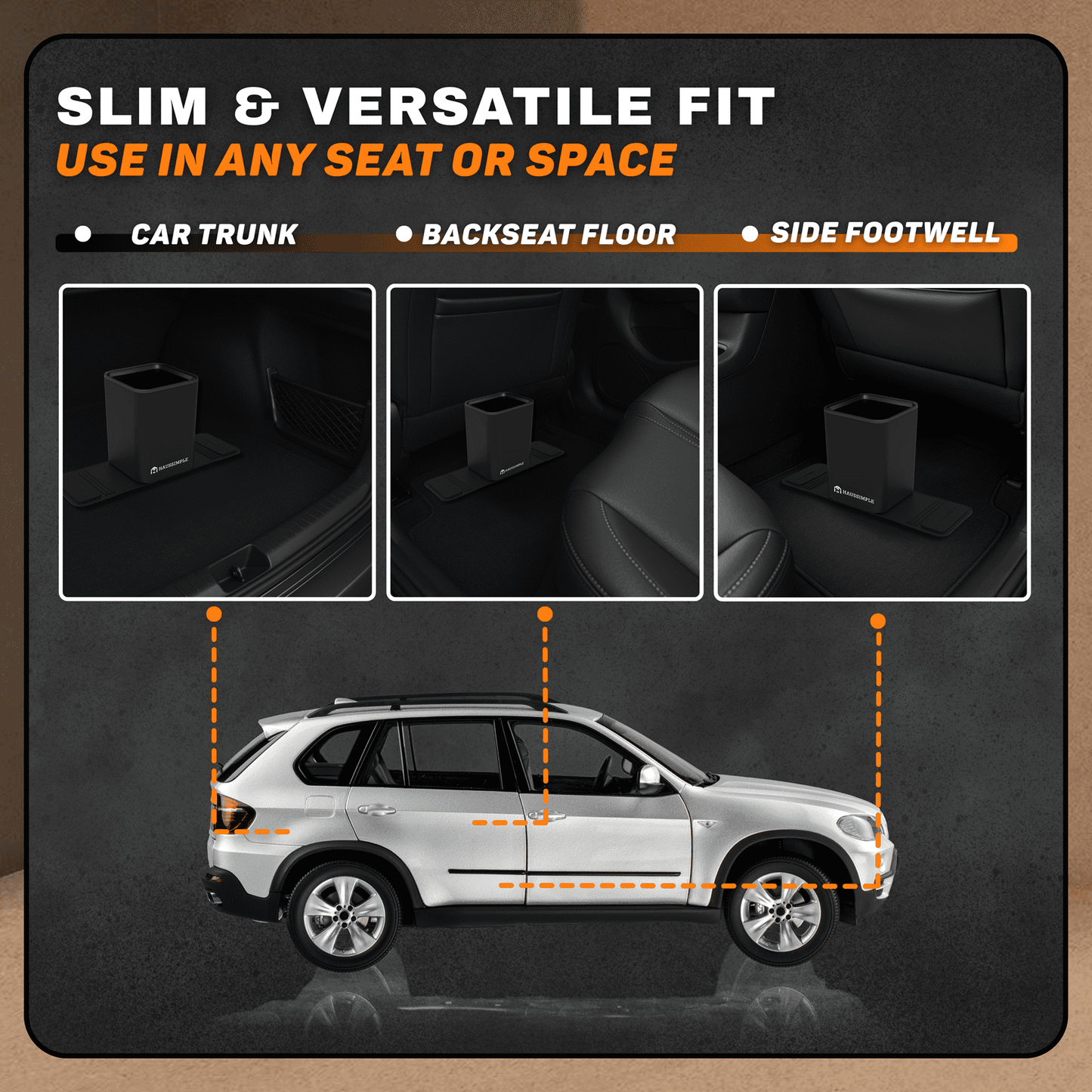 Compact Car Trash Can, 2L Leakproof Garbage Bin with Anti-Tip Stability Wings, Anti-Slip Base, Includes Trash Bags, Black, Medium Size, Universal Fit for Cars, SUVs, Trucks