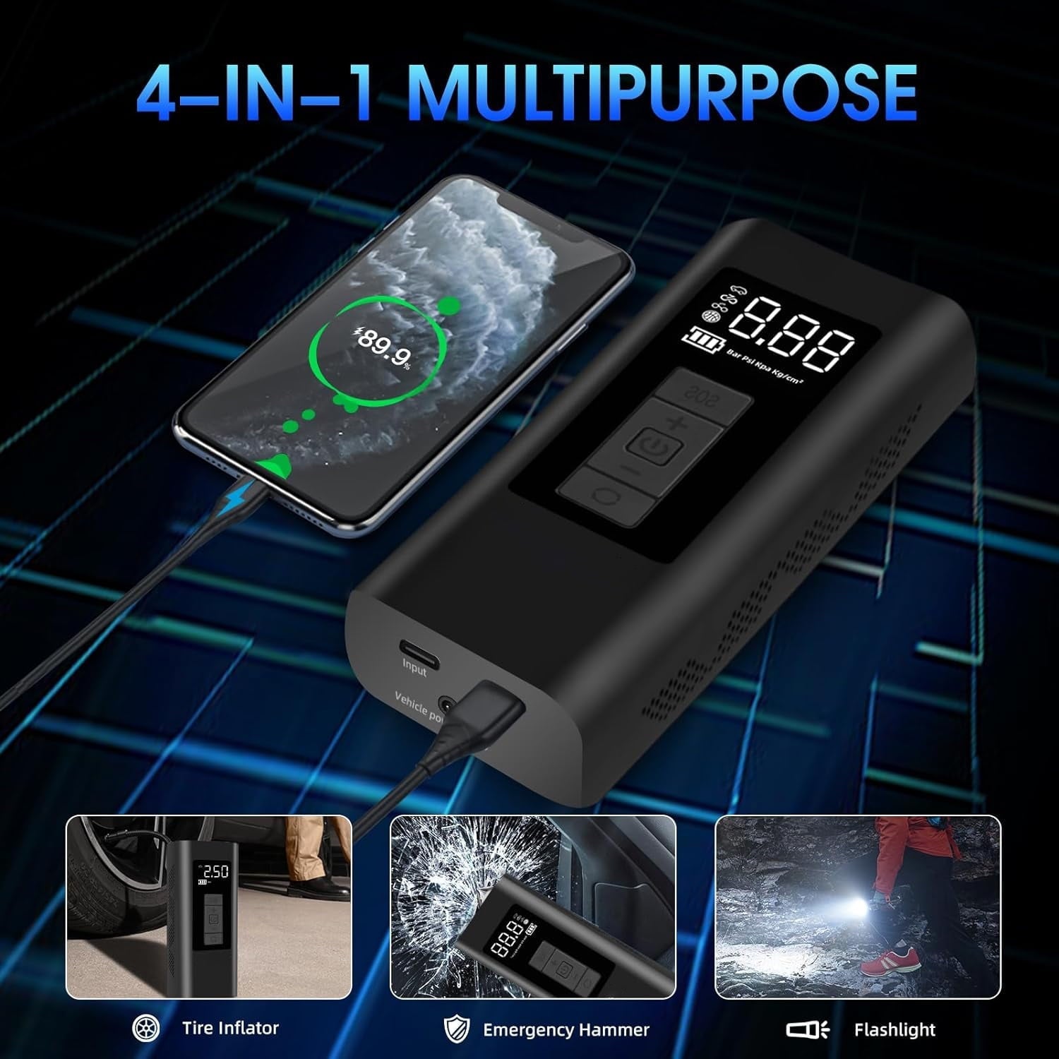 Tire Inflator Portable Air Compressor, 160 PSI Air Pump with 12000mAh Battery, Auto-shutoff for Cars, Digital Pressure Gauge, Emergency LED Light