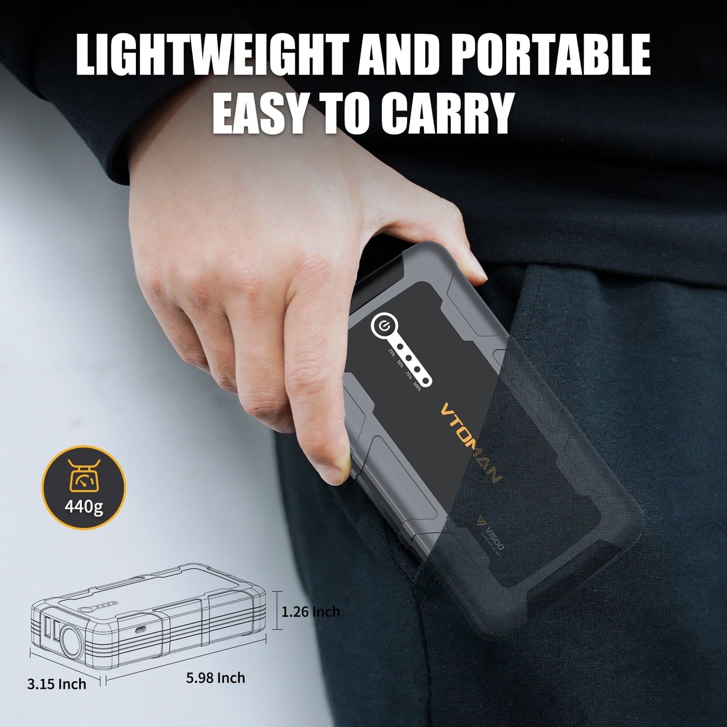 VTOMAN V1500 Jump Starter - Car Battery Jumper Starter for 12V Vehicles (1500A, Up to 6.0L Gas & 4.0L Diesel Engines), Jump Box, Lithium Booster Pack, Portable Charger with Jumper Cables, LED Light