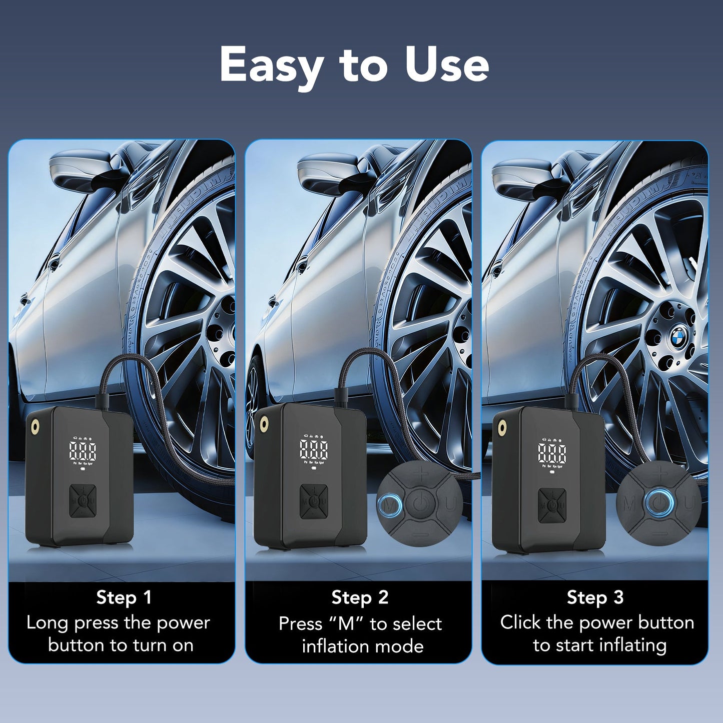 KT1 Tire Inflator Portable Air Compressor with Digital Pressure Gauge, LED Light, 150PSI Fast Inflation for Car, Bikes, Sports Balls, Inflatable Toys, Perfect for Families, Outdoor