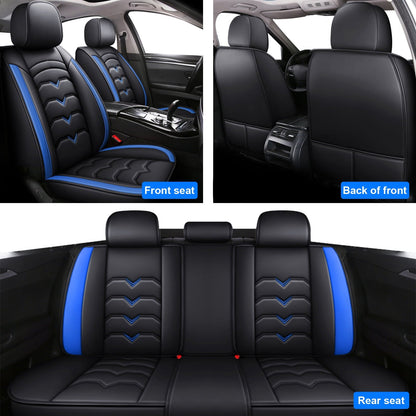 FANOTEK Black/Blue, PU Leather, Waterproof, Cushioned, Front Rear Seat Covers, 5 Pieces