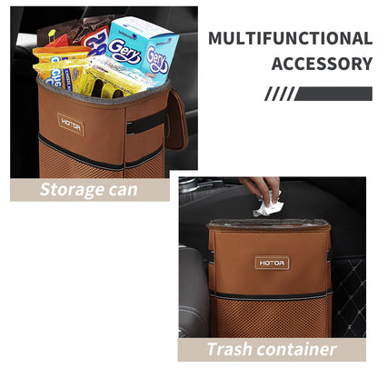 HOTOR Car Trash Can with Lid, Leak-Proof Car Garbage Can with Mesh Pockets, Car Accessories, 2 Gallons, Brown