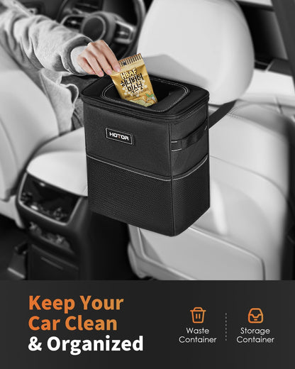 HOTOR Car Trash Can with Lid, Leak-Proof Car Garbage Can with Mesh Pockets, Car Accessories, 2 Gallons, Black
