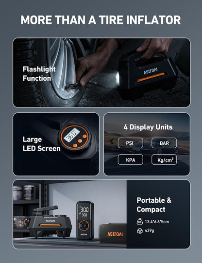 AstroAI Tire Inflator Portable Air Compressor Tire Air Pump for Car Tires - Car Accessories, 9.8Ft 12V DC-Powered Auto Pump with Digital Pressure Gauge, LED Light for Bicycle, Balloons, Orange