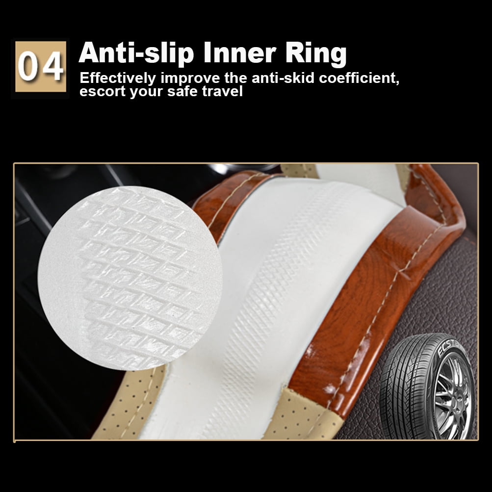XUKEY Beige Wood Grain Car Steering Wheel Cover Leather 14.5" to 15" Breathable Anti-Slip Universal