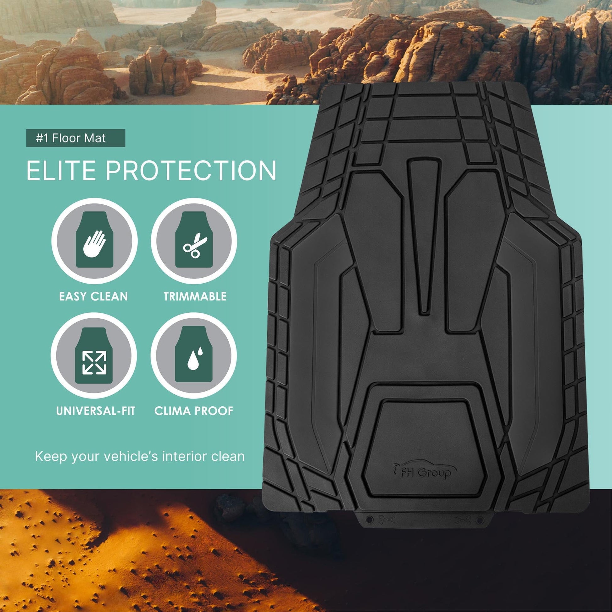 FH Group Universal Fit Trimabble Rubber Car Floor Mats with Stripped Design – Black Full Set