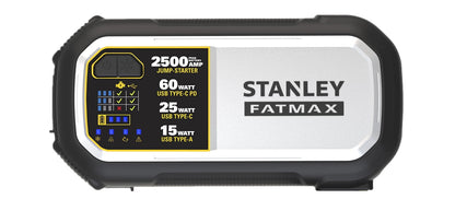 Stanley FatMax 2500A, Lithium Jump Starter With 60W USB Type C-PD, 25W USB Type C-PD and 15W USB Type - A, Includes clamps