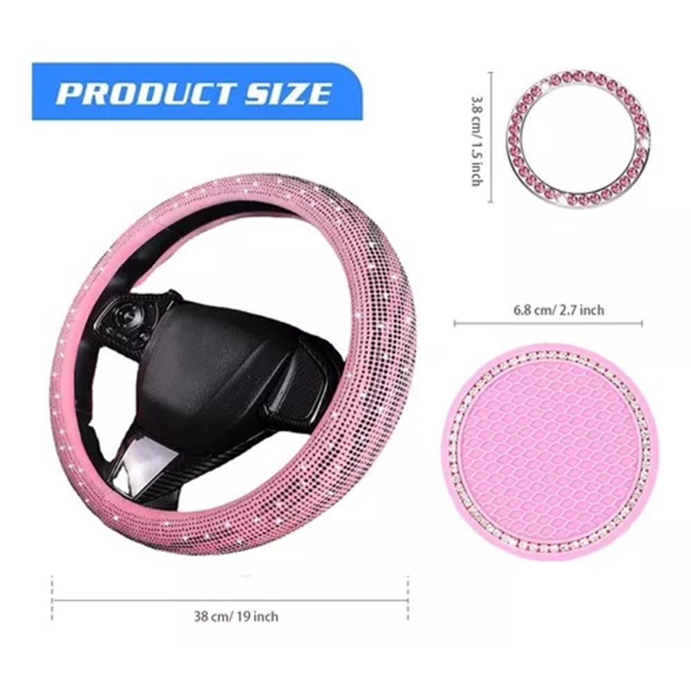 Bling Crystal Diamond Steering Wheel Cover, 13Pcs Shiny Rhinestone Sparkling Car Interior Decorations, Car Accessories for Women Girls,-Pink