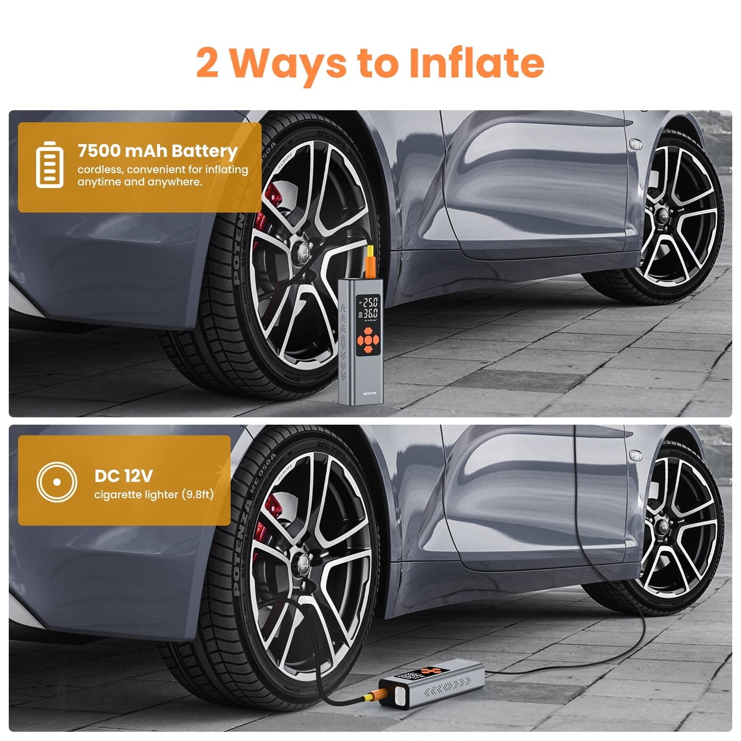 NEXPOW Tire Inflator Portable Air Compressor, 150 PSI Air Pump for Car Tires with Pressure Gauge, LED Light and Auto Shut-Off, Cordless Pump with Dual Power Supply for Cars, Bikes, Balls