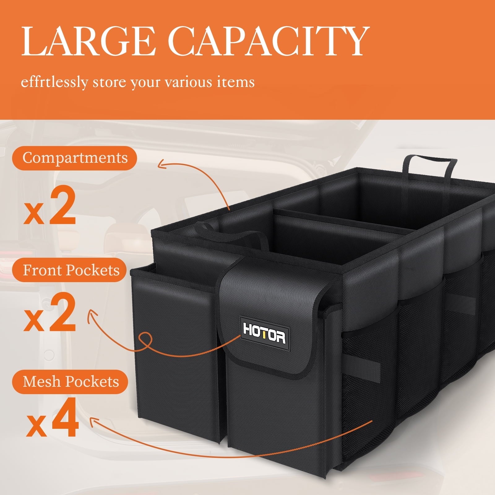 HOTOR Trunk Organizer for SUV - 2 Compartments & 6 Pockets Trunk Organizer for Car, Car Organizers and Storage