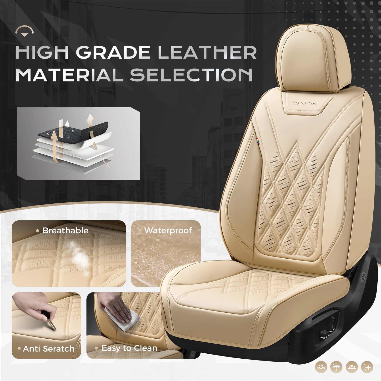 Coverado Front Covers For Cars, Waterproof Faux Leather Seat Protectors 2 Seats, Auto Cushions Universal Fit for Most Cars, Beige