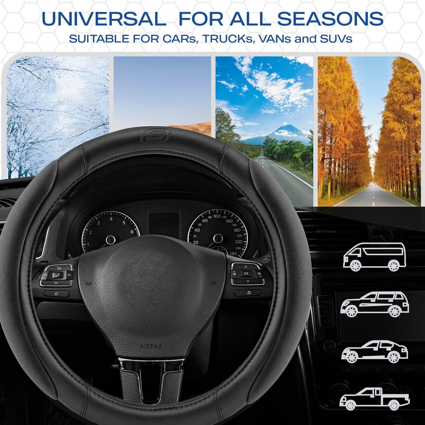 Skechers Steering Wheel Cover with Memory Foam, Breathable Non-Slip, Universal Fit 14.5"-15" Car Accessories Black