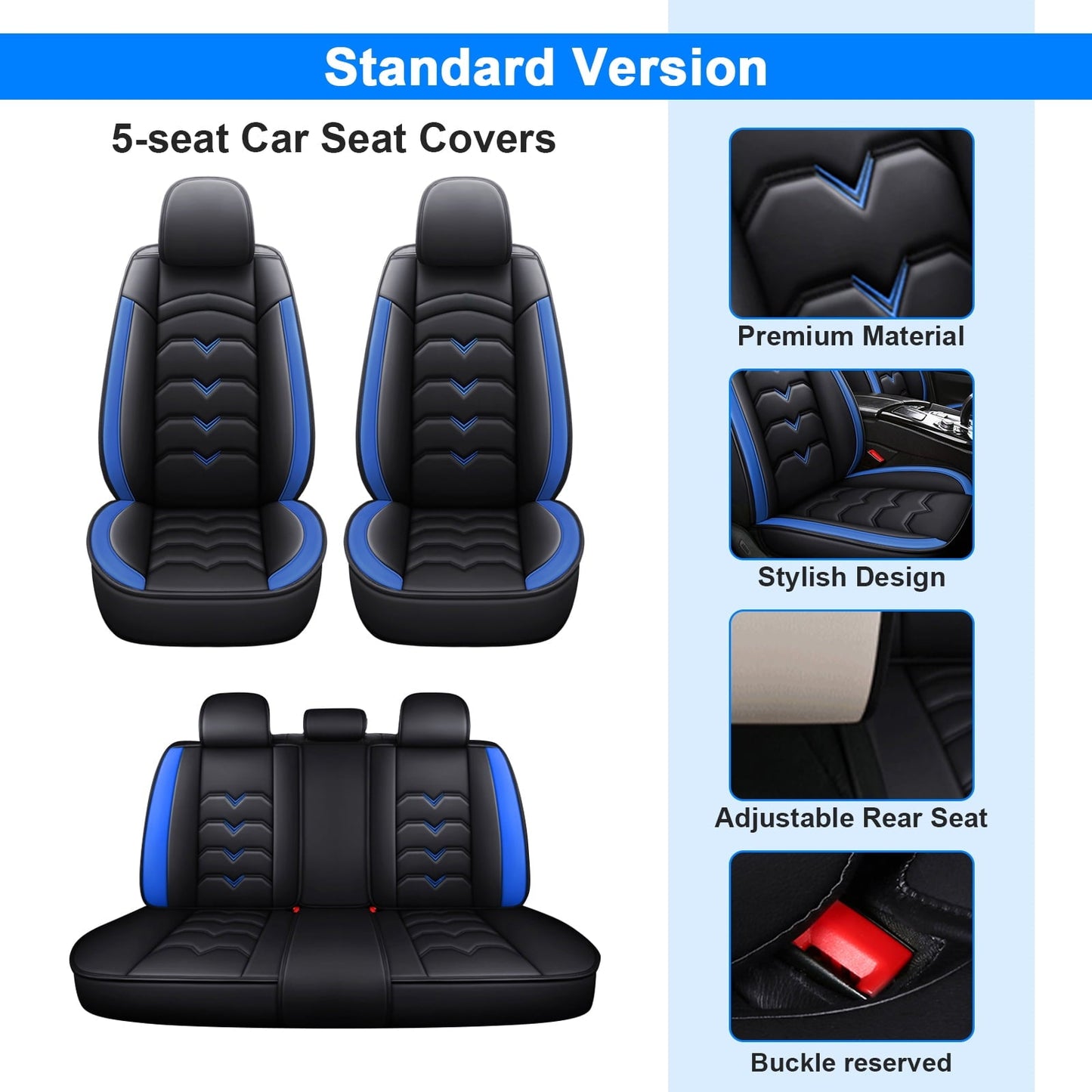 FANOTEK Black/Blue, PU Leather, Waterproof, Cushioned, Front Rear Seat Covers, 5 Pieces