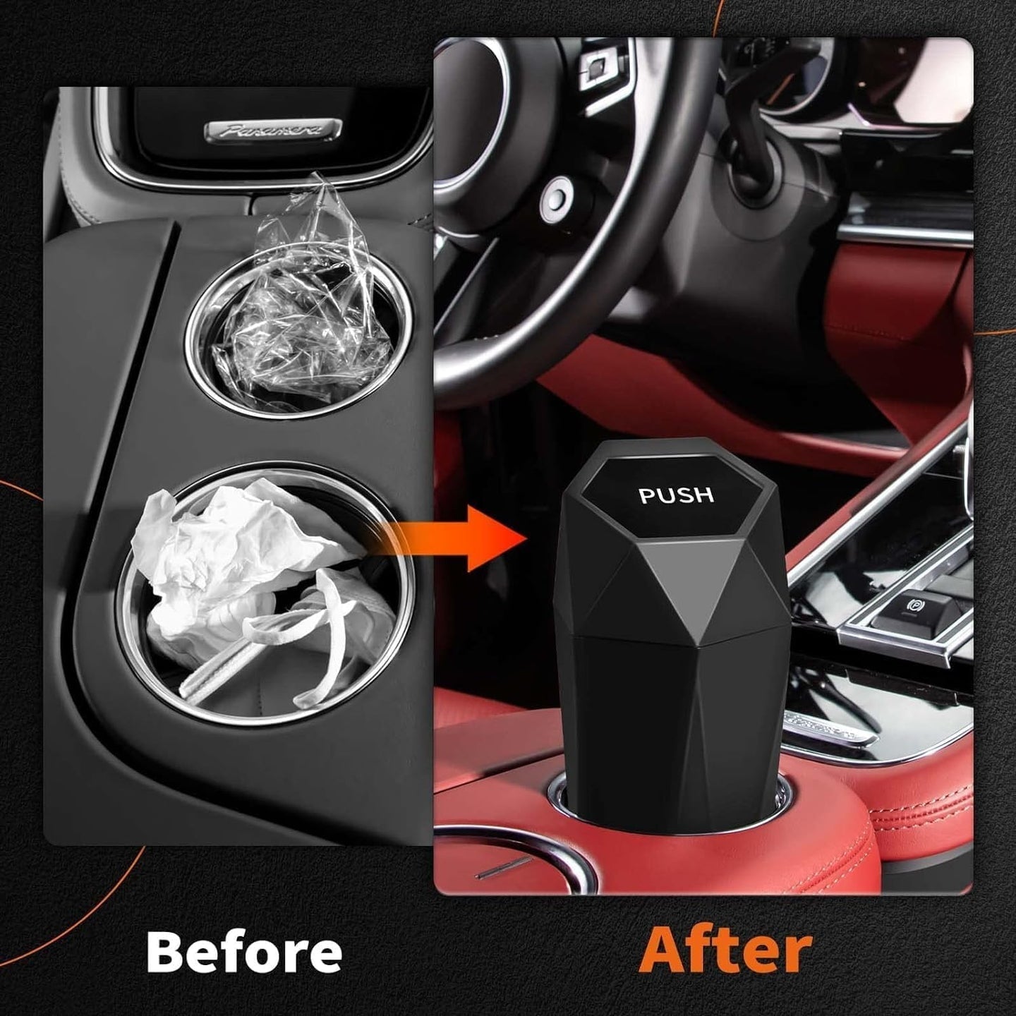 HOTOR Car Trash Can with Lid, 1 pack, Mini Portable Garbage Bin with 15 Bags, Leak-Proof Organizer for Cup Holders and Desktop, Black