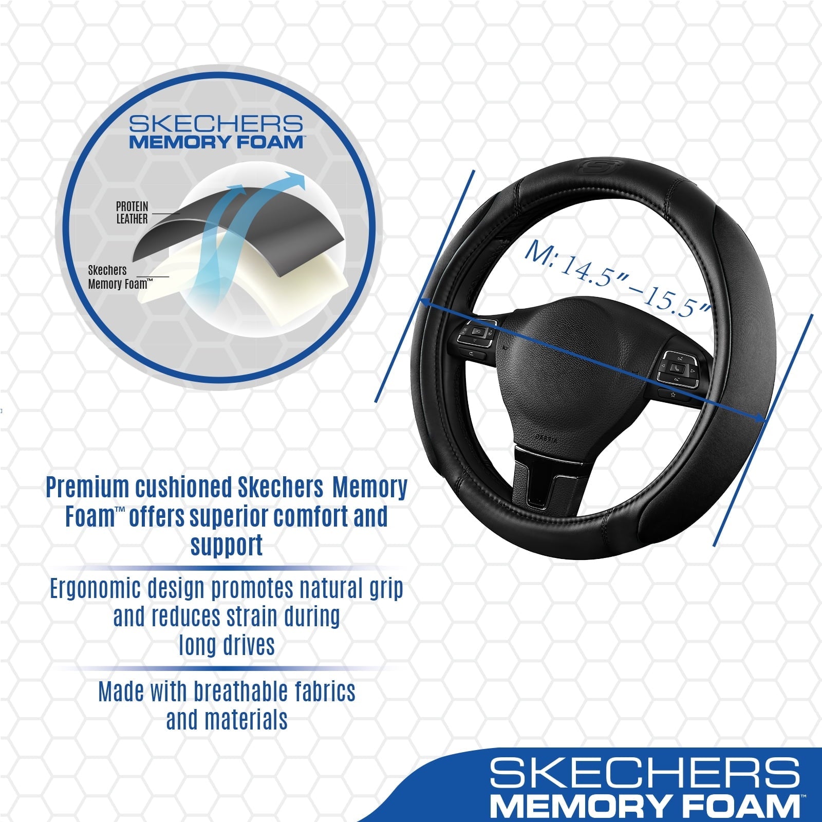 Skechers Steering Wheel Cover with Memory Foam, Breathable Non-Slip, Universal Fit 14.5"-15" Car Accessories Black