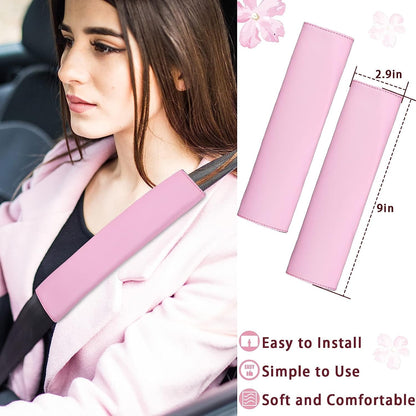 Leather Steering Wheel Cover for Women Cute Car Accessories Set of 10 Includes Seat Belt Shoulder Pads Seatbelt Covers Cup Holders Start Button Ring Sticker Air Vent Clip Car Accessories(Pink)