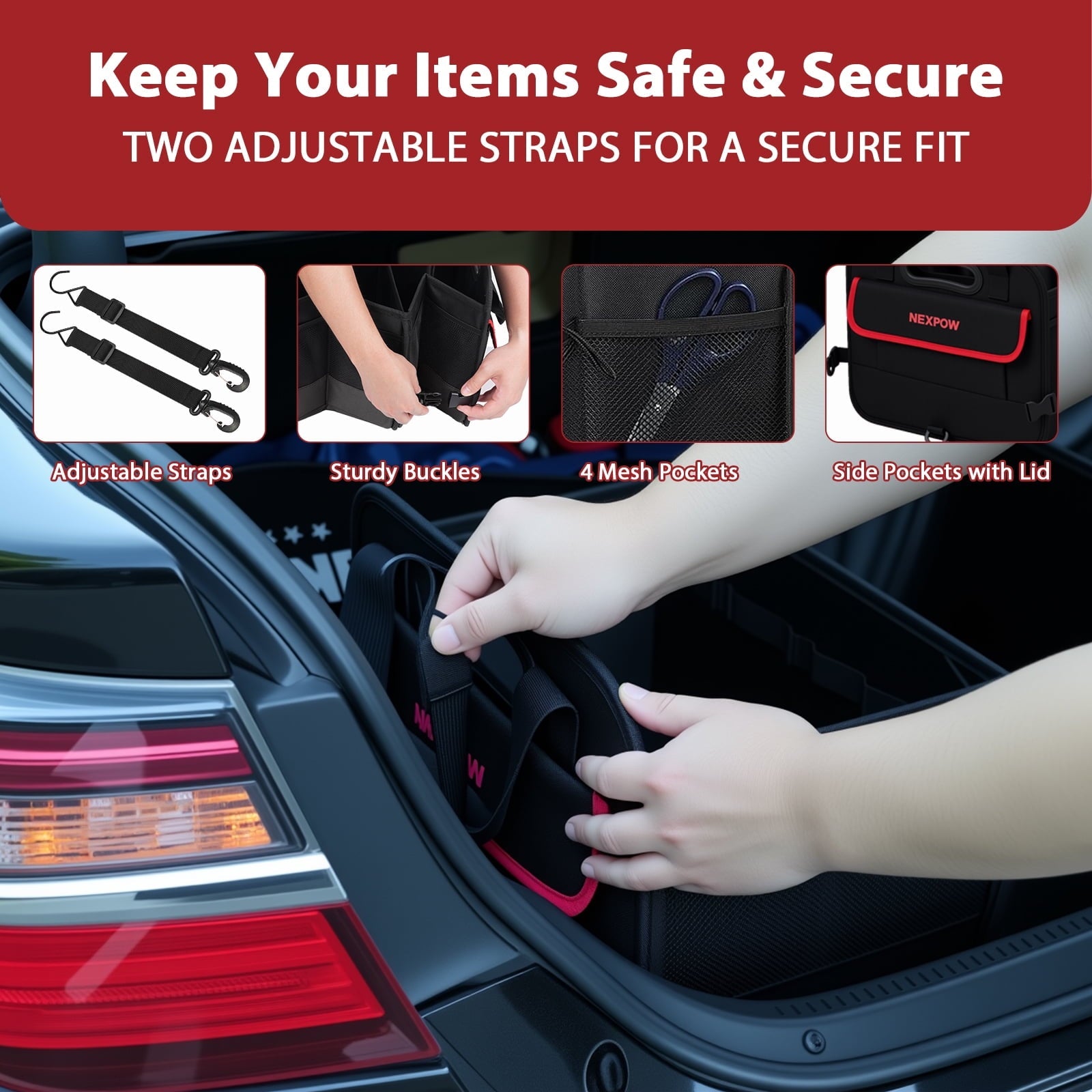 NEXPOW Car Trunk Organizer, 95L Collapsible SUV Organizer, Multi-Compartment, Car Storage Box with 2 Adjustable Straps for Women Men