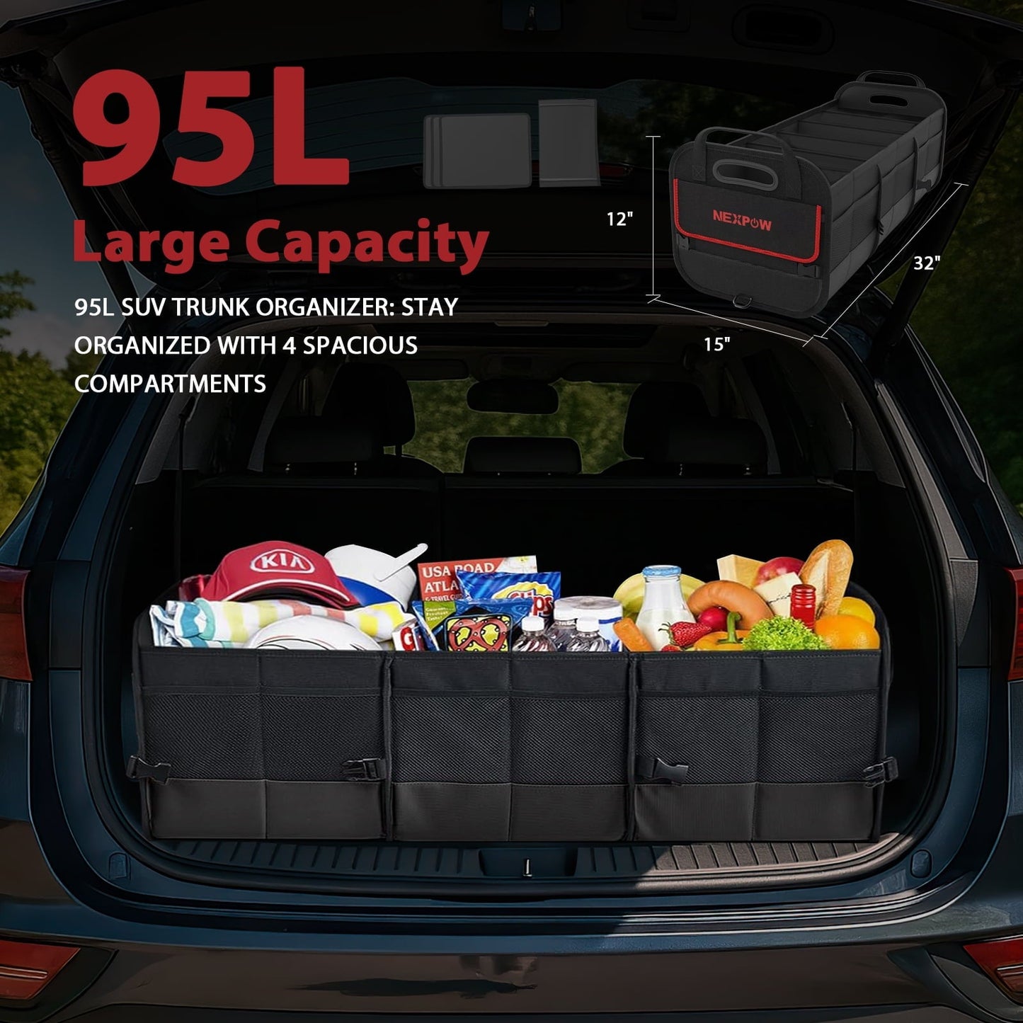 NEXPOW Car Trunk Organizer, 95L Collapsible SUV Organizer, Multi-Compartment, Car Storage Box with 2 Adjustable Straps for Women Men