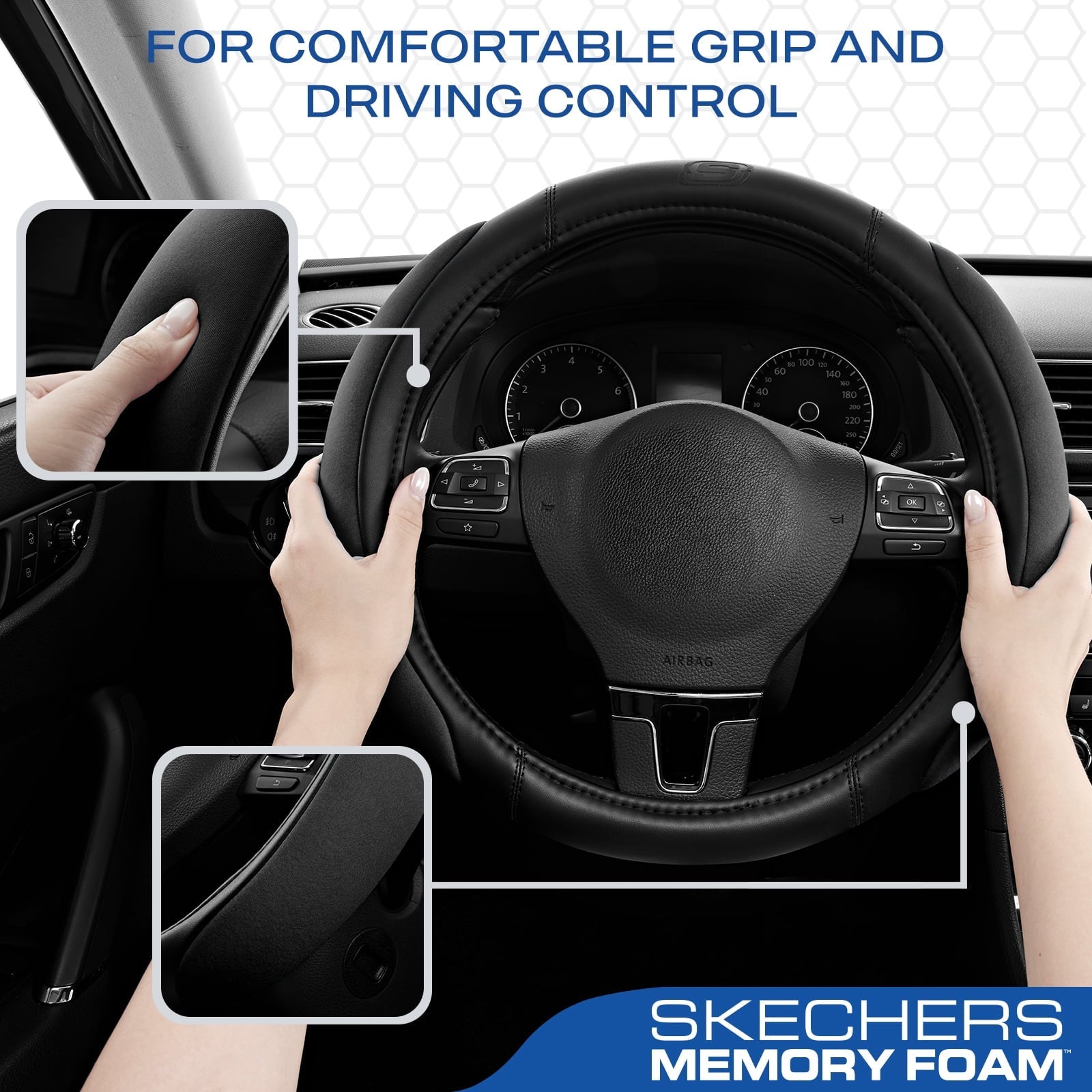 Skechers Steering Wheel Cover with Memory Foam, Breathable Non-Slip, Universal Fit 14.5"-15" Car Accessories Black
